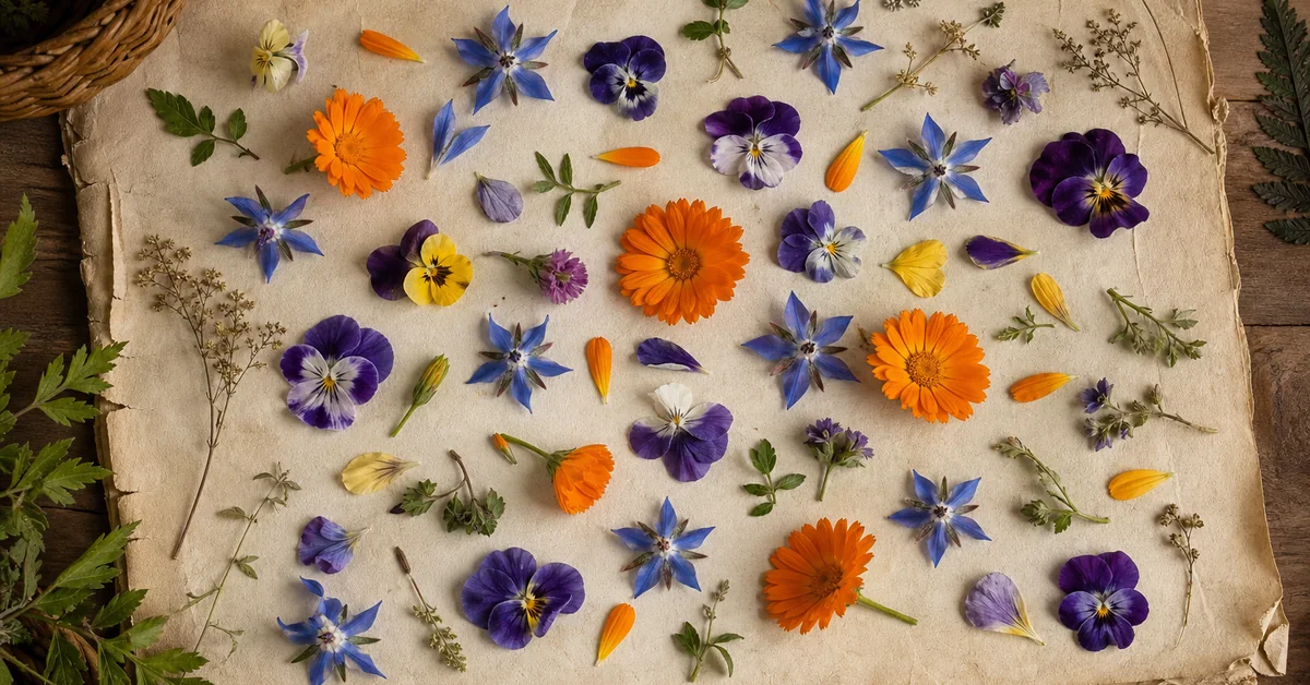 Essbare Wiesenblüten auf einem Teller