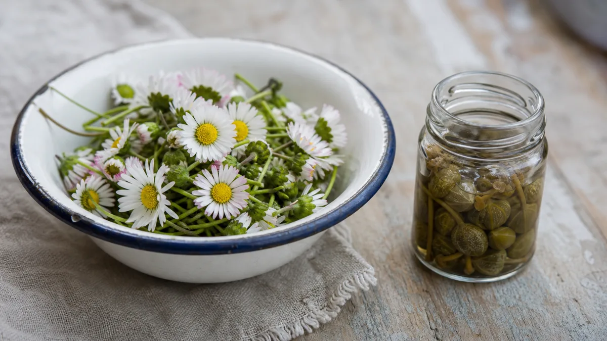 Gänseblümchen mit weißen Zungenblüten und gelber Mitte auf einer Frühlingswiese, daneben geschlossene Knospen