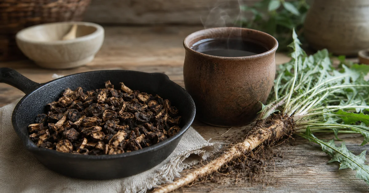 Geröstete Löwenzahnwurzeln und eine Tasse Kaffee